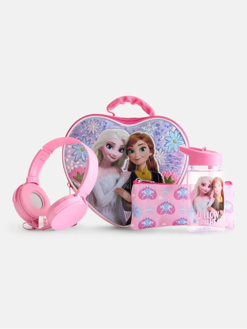 Disney Frozen Kids Pink 6pc Backpack Set with Lunch Bag, Headphones & Bottle W5
